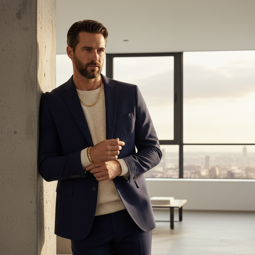 Man in a navy suit standing in a modern room with large windows