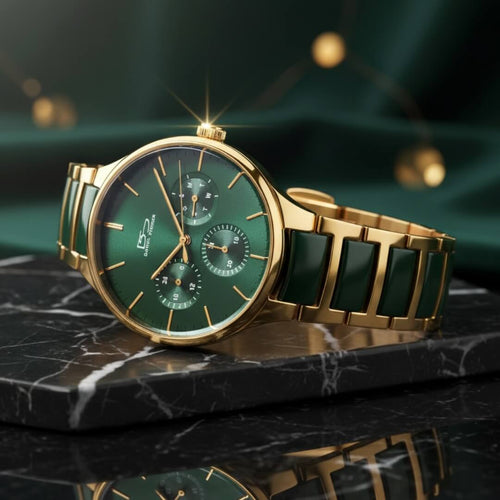 Luxury watch with green face and gold casing on a dark marble surface. Daniel Steiger Verde Ceramic Men&