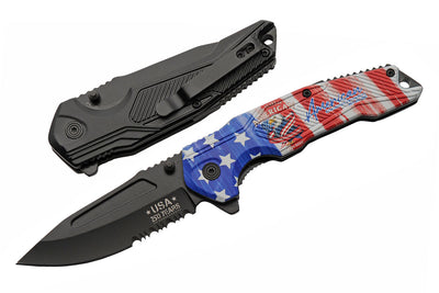 Folding knife with American flag design and black sheath on a white background. Daniel Steiger
