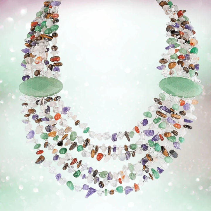 Jade Cascade Necklace featuring multiple strands of colorful polished stones in green, purple, brown, and clear hues designed for female jewelry enthusiasts.