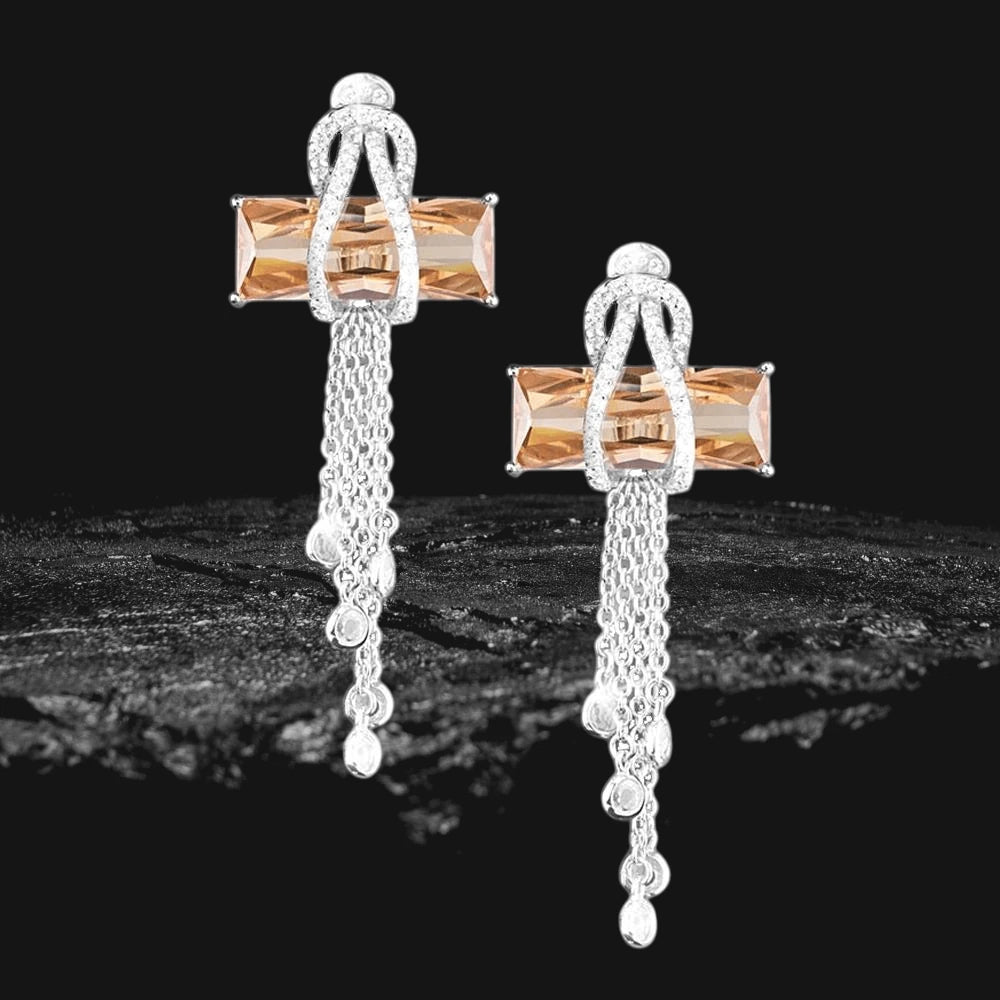 Contemporary Cross Champagne Earrings featuring sterling silver chains and champagne-colored rectangular stones, designed for elegant female jewelry collections.
