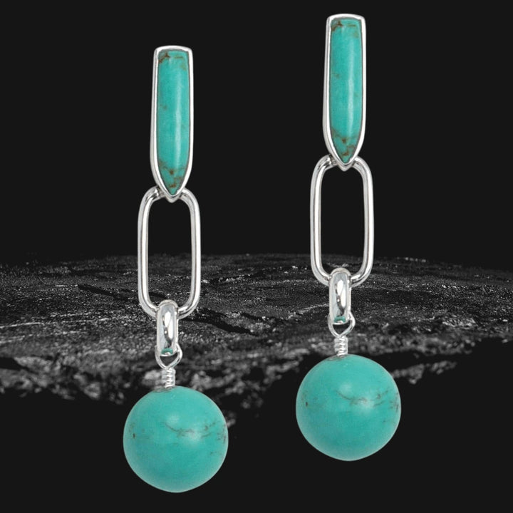 Aztec Turquoise Earrings featuring vibrant turquoise stones set in sterling silver with a contemporary linked design, crafted for female jewelry lovers.