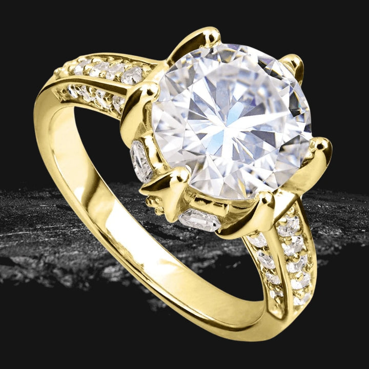 Gold Lotus Ring featuring a large round clear gemstone set in gold-plated sterling silver with smaller sparkling stones along the band, designed for women.