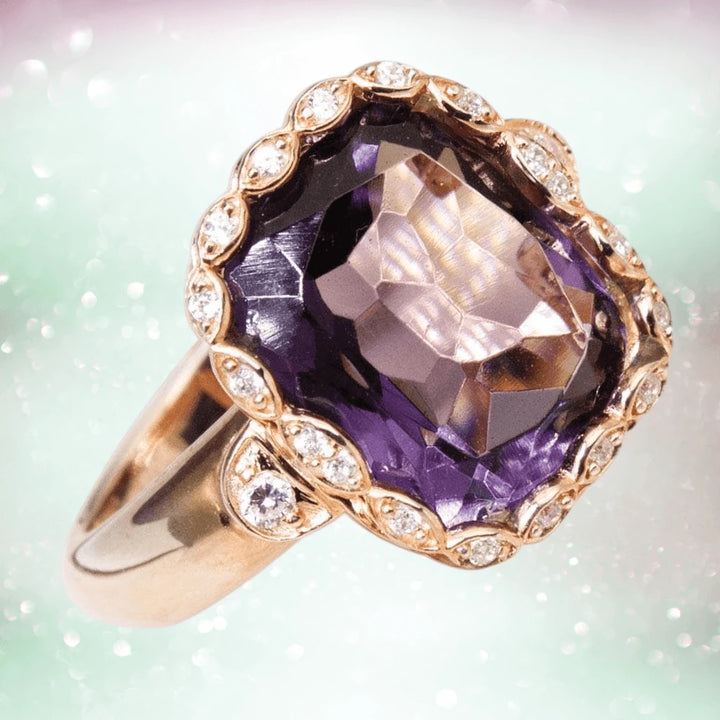 Athena Amethyst Ring featuring a large faceted purple amethyst center stone surrounded by sparkling stones set in rose gold plated sterling silver, designed for women.