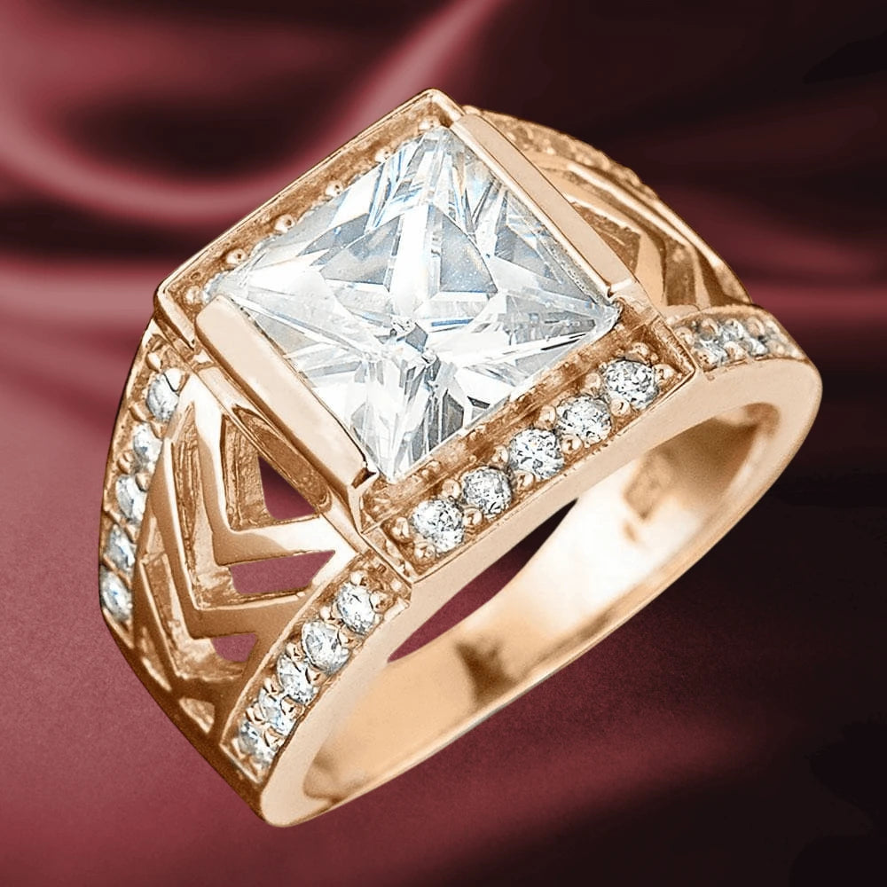 Hamilton Rose Gold Ring crafted from sterling silver with rose gold plating, featuring a large square-cut clear gemstone and smaller sparkling stones along the band for men’s jewelry.