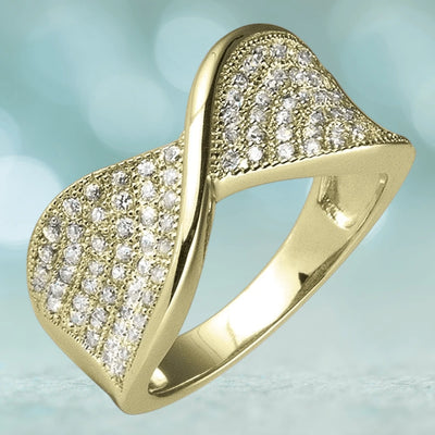 Pave Twist Gold Ring featuring sterling silver with gold plating, designed for women, adorned with sparkling pavé-set stones in a twisted elegant shape.