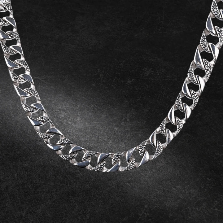 Anaconda Men's Textured Necklace crafted from stainless steel, featuring a bold, interlinked chain design that combines polished and textured surfaces for a striking men's jewelry statement.