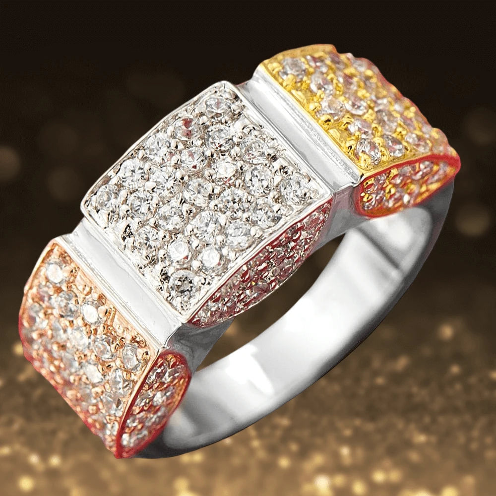 Trio Ring crafted in sterling silver with rhodium plating, featuring three segments encrusted with sparkling stones for an elegant female jewelry piece.