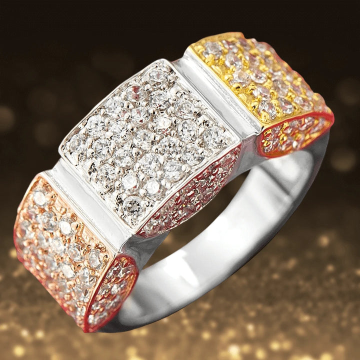 Trio Ring crafted in sterling silver with rhodium plating, featuring three segments encrusted with sparkling stones for an elegant female jewelry piece.