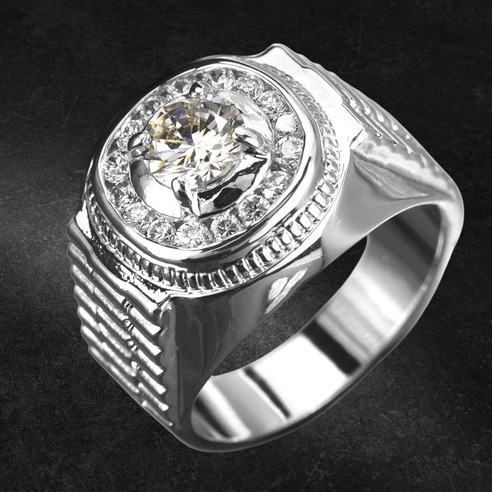 Close-up of a Penninsula Men's Platinum Ring made of sterling silver featuring a central sparkling gemstone surrounded by smaller stones in a detailed band design.