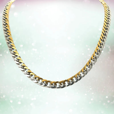 Arena Steel Necklace featuring a two-tone stainless steel design for men, combining silver and gold colors in a sophisticated, bold chain style necklace.