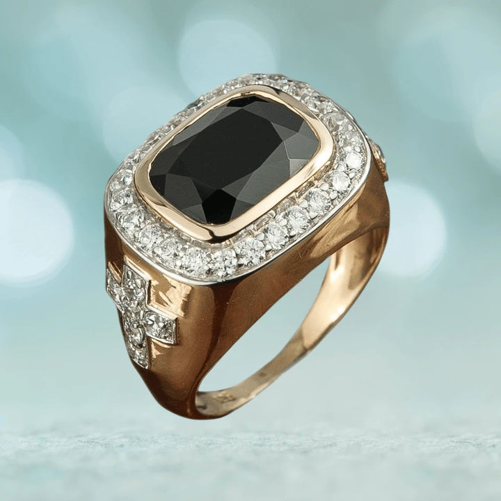 Spinel Cross Ring featuring a large black spinel centerpiece surrounded by clear stones, crafted in sterling silver with gold plating, designed for men’s jewelry.
