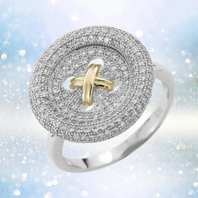 Buttonbox Ring featuring a two-tone sterling silver design with a sparkling pave setting and a gold-tone crossed accent in the center, elegant jewelry for women.