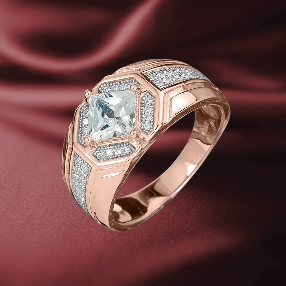 Equinox Ring Rose Gold featuring a sterling silver band with rose gold plating, designed for men, showcasing a square-cut clear gemstone surrounded by smaller sparkling stones.