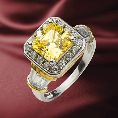 Capri Ring featuring a sterling silver band with gold plating, showcasing a large yellow gemstone surrounded by smaller clear stones, designed for women’s jewelry.