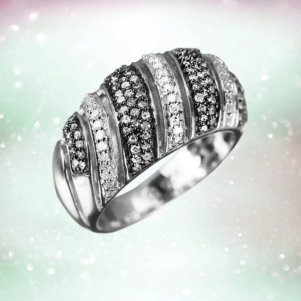 Geneva Diamond Ring featuring sterling silver two-tone design with alternating rows of black and white diamonds, elegant and stylish jewelry for women.
