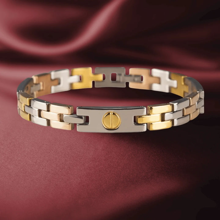 Landor Men's Bracelet featuring a two-tone stainless steel design with interlocking links and a sleek clasp, combining modern elegance with durable craftsmanship.