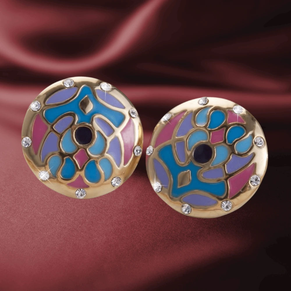 Golden Peacock Earrings featuring gold-plated stainless steel with intricate blue and purple enamel design, accented with sparkling crystals for elegant female jewelry.