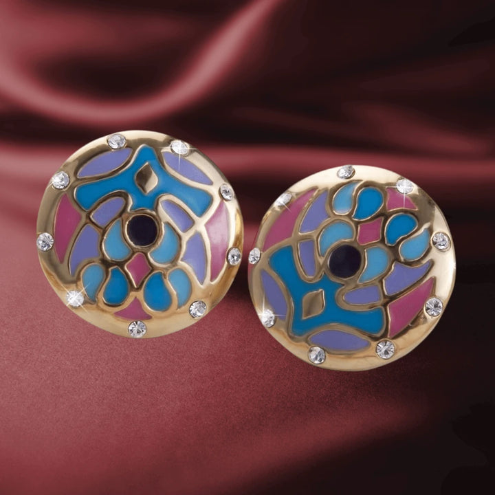 Golden Peacock Earrings featuring gold-plated stainless steel with intricate blue and purple enamel design, accented with sparkling crystals for elegant female jewelry.