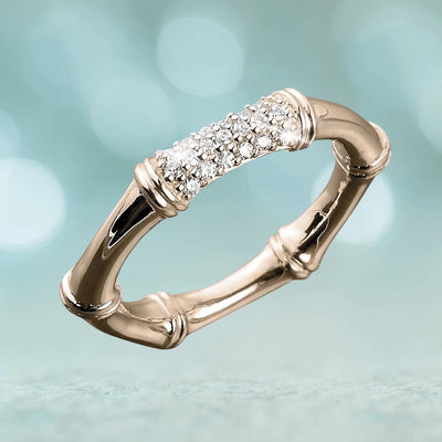 Bamboo Rose Gold Ring crafted from sterling silver with a bamboo-inspired design and a cluster of sparkling clear stones, elegant jewelry for female wearers.