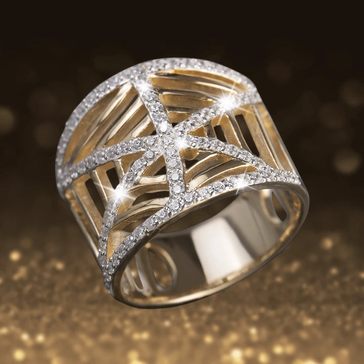 Golden Cobweb Ring featuring sterling silver with gold plating and sparkling clear stones in an intricate web-like design for women’s jewelry.