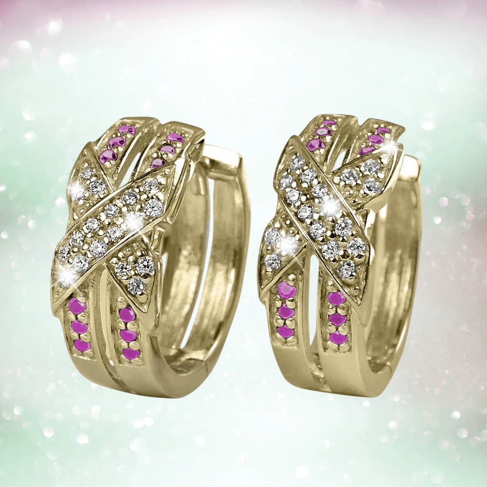 Embrace Gold Earrings crafted in sterling silver with gold plating, featuring sparkling clear stones and vibrant pink accents for an elegant female jewelry statement.