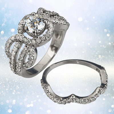 Maryland Duo sterling silver and rhodium-plated women's ring set featuring intricate designs with a large central gemstone and smaller accent stones for elegant jewelry collection.