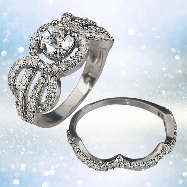 Maryland Duo sterling silver and rhodium-plated women's ring set featuring intricate designs with a large central gemstone and smaller accent stones for elegant jewelry collection.