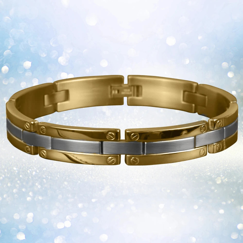 Regal Men's Bracelet featuring a two-tone stainless steel design with gold and silver plating, showcasing a sleek and modern bracelet style for men’s jewelry collections.