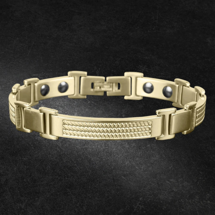 Columbus Magnetic Gold Bracelet for men crafted from stainless steel with gold plating, featuring a sleek, modern design and magnetic elements for enhanced wellness.