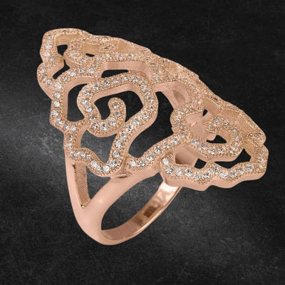 Desert Rose Ring featuring an intricate rose gold plated sterling silver design adorned with sparkling stones, crafted for women’s jewelry collections.