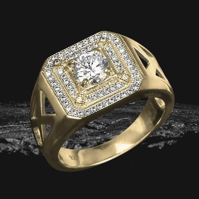 Nevada Men's Ring crafted in sterling silver with gold plating, featuring a central round sparkling stone surrounded by two rows of smaller clear stones, designed for men’s jewelry.