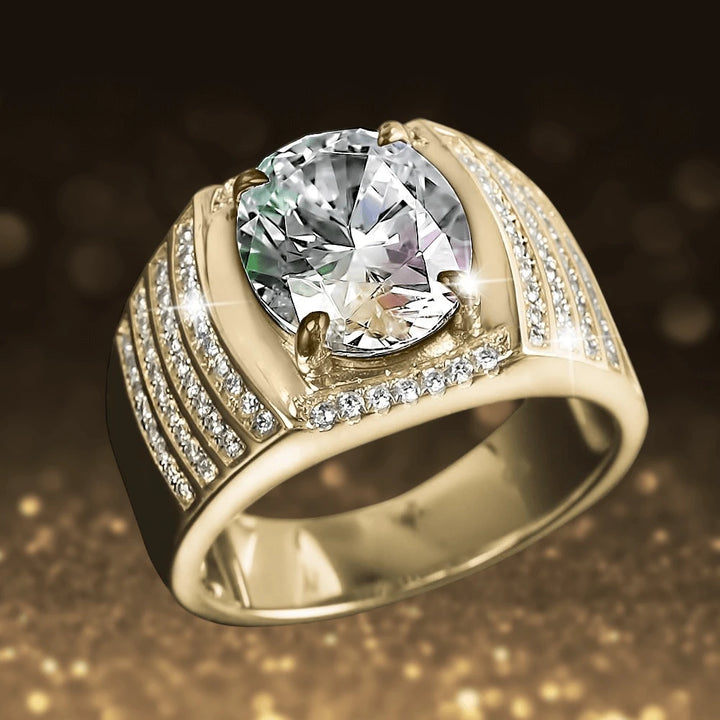 King Men's Ring crafted in sterling silver with gold plating, featuring a large clear gemstone centerpiece and rows of smaller sparkling stones along the band, luxurious jewelry for men.