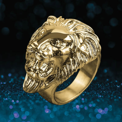 Gold-plated stainless steel Lionheart Ring for males featuring a detailed lion head design, perfect for bold jewelry statements.