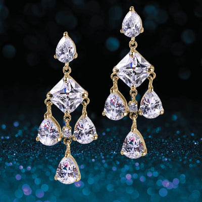 Ice Chandelier Earrings featuring sterling silver with gold plating, showcasing a cascade of sparkling clear gemstones in an elegant chandelier design for women.