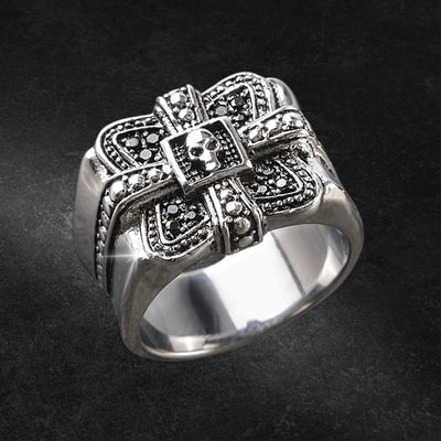 Midnight Skull Steel Ring in stainless steel for men featuring an intricate skull design with black accents and a bold, edgy style perfect for jewelry collectors.