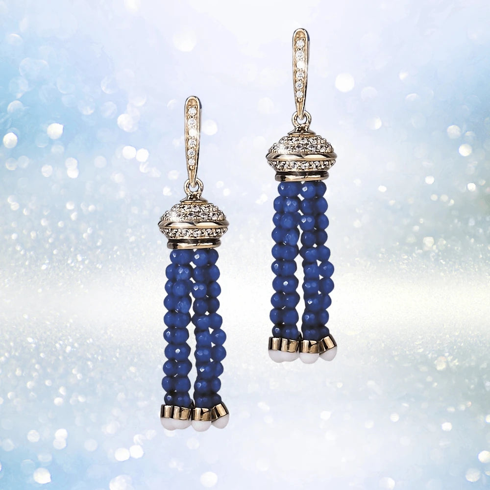 Marina Earrings featuring sterling silver with gold plating, decorated with blue beads and rhinestone accents, designed for a refined feminine jewelry look.
