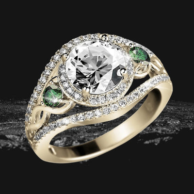 Garden Ring in sterling silver with gold plating, featuring a large central clear gemstone surrounded by smaller white stones and two green accent stones, designed for female jewelry.