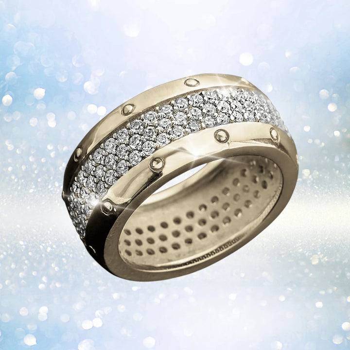 Moonlight Eternity Ring crafted in sterling silver with gold plating, featuring a wide band adorned with sparkling stones, designed for female jewelry enthusiasts.
