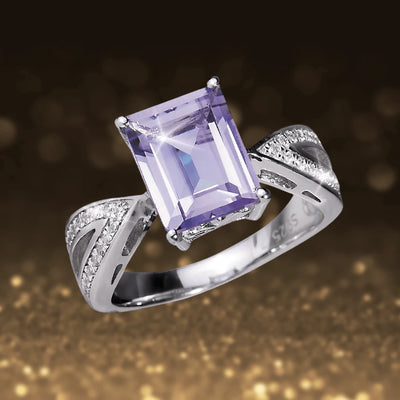 Royal Amethyst Ring featuring a rectangular amethyst gemstone set in sterling silver with rhodium plating, designed for women with intricate detailing along the band.