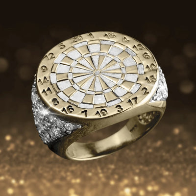 Men's Sport Ring crafted from sterling silver with gold plating, featuring a detailed dartboard design on the top and textured silver accents on the sides.