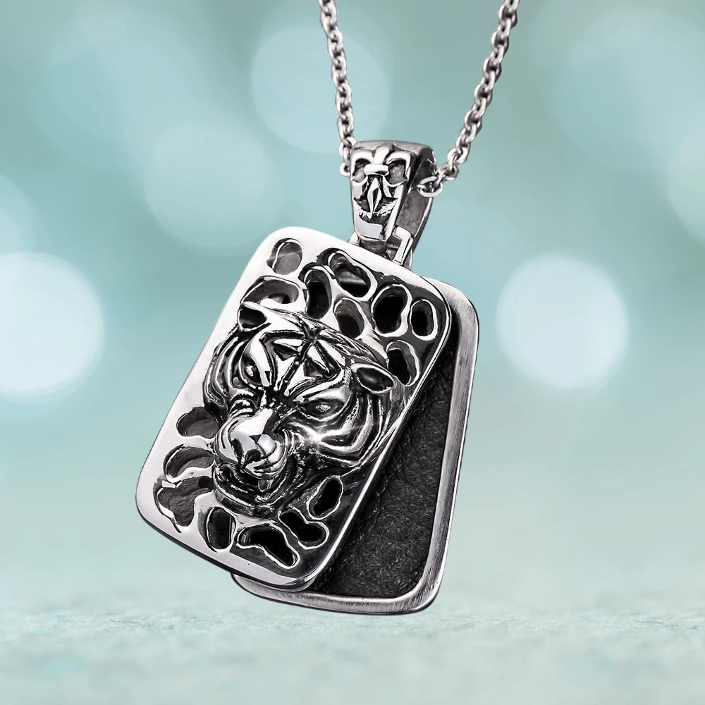 Tiger Dog Tag Pendant made of stainless steel featuring a detailed tiger head design on a rectangular pendant hanging from a chain, perfect for men's jewelry.
