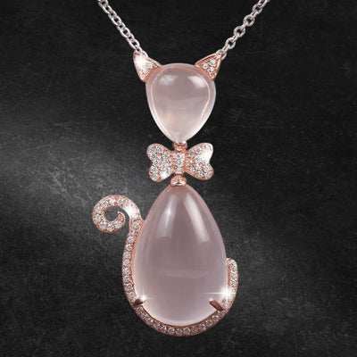 Bow Cat Rose Pendant featuring a sterling silver base with gold plating, designed for women, showcasing a cat-shaped pendant with sparkling crystal accents and soft rose-colored stones.