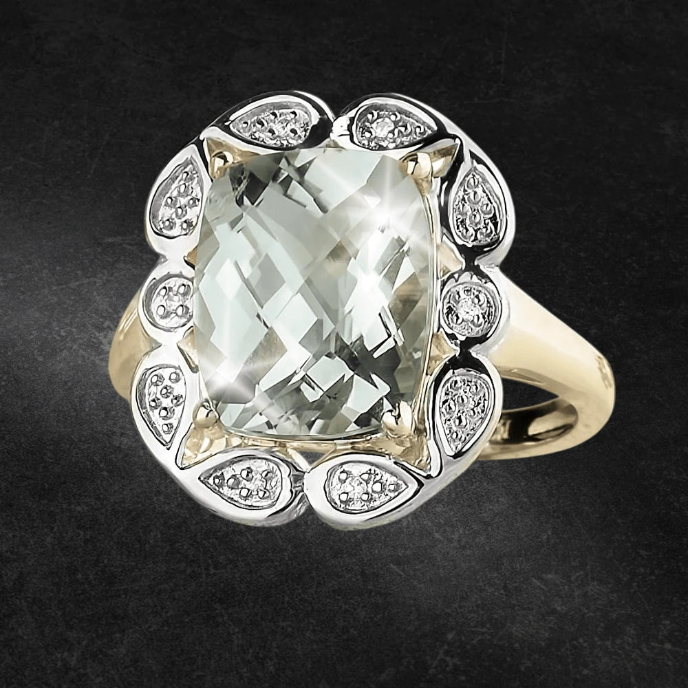 Enchanted Amethyst Ring featuring a large, faceted amethyst gemstone set in sterling silver with gold plating, designed for women’s elegant jewelry collection.