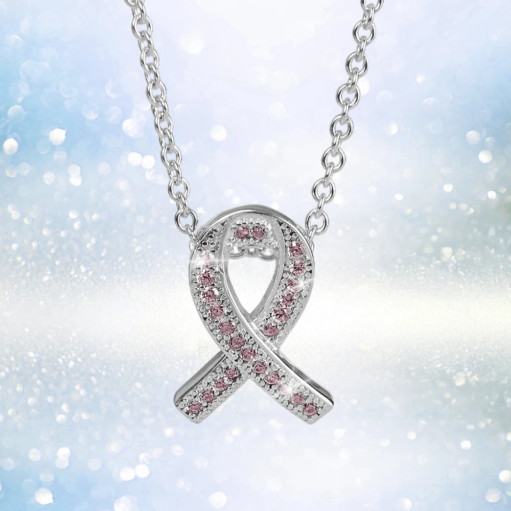 Aware Pendant in sterling silver with rhodium plating featuring a ribbon-shaped design adorned with pink gemstones, a delicate necklace perfect for women’s jewelry collections.