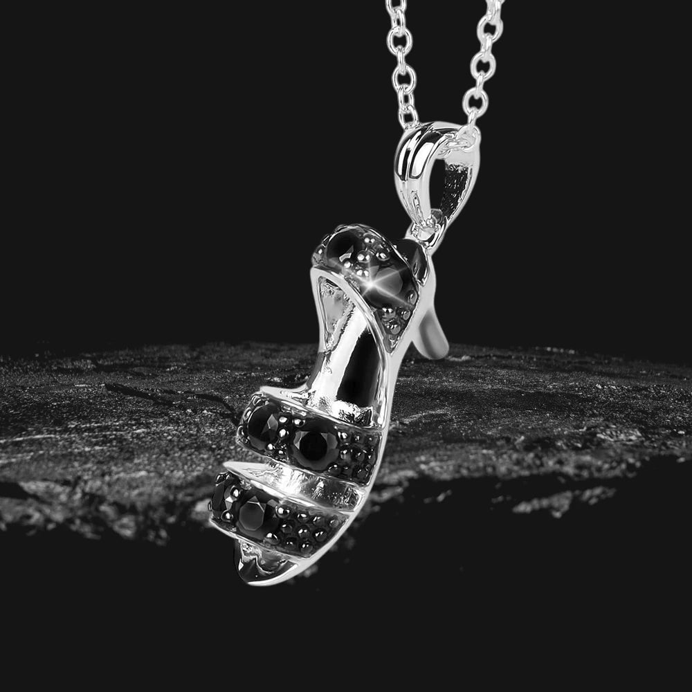 Sterling silver Kitten Heels Black Pendant with rhodium plating featuring black stones, designed for women, displayed against a dark textured background.