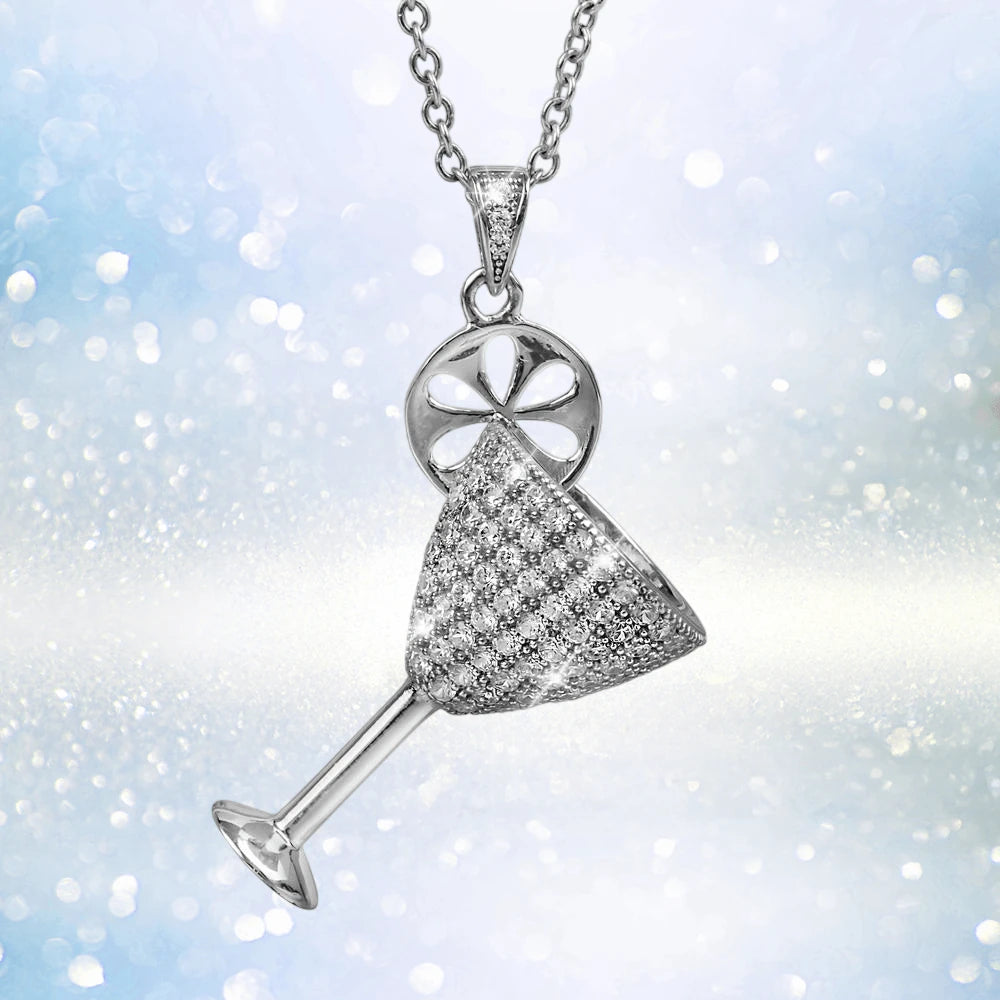 Happy Hour Rhodium Pendant in sterling silver with rhodium plating, designed for women, featuring a sparkling cocktail glass charm adorned with small crystals.