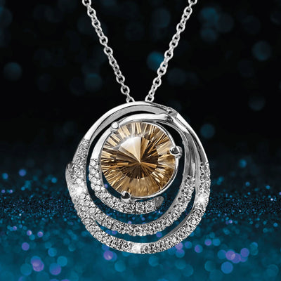 Citrine Firecracker Pendant featuring a sparkling citrine gemstone set in sterling silver with rhodium plating, designed for women, displayed on a silver chain.