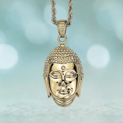 Buddha Pendant crafted from gold-plated stainless steel, featuring a detailed serene Buddha face on a gold rope chain, designed for men’s jewelry.