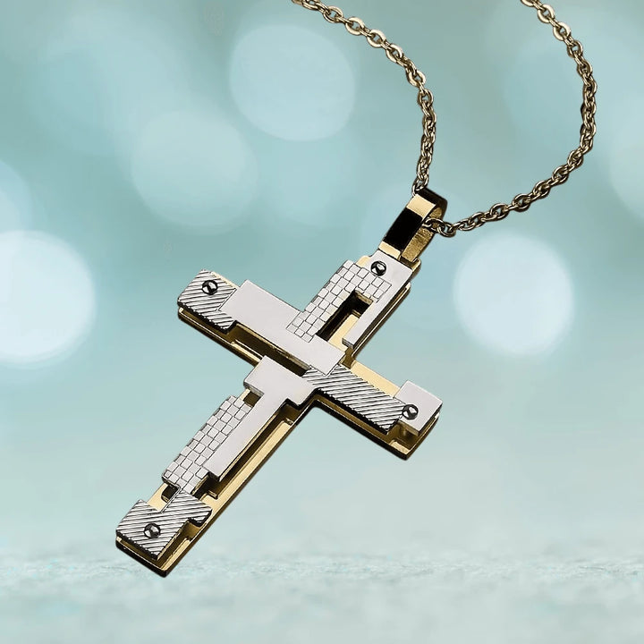 Contemporary Men's Cross Pendant in stainless steel with two-tone plating, featuring a modern design on a matching chain, ideal men's jewelry accessory.